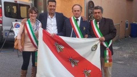 Da sinistra Bulgaresi, Marini, Ferrari e Simoni in visita ad Amatrice nell'ottobre del 2014