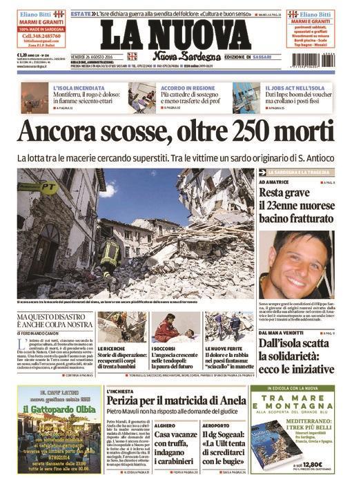 La Nuova Sardegna - Prima pagina - 26 agosto 2016