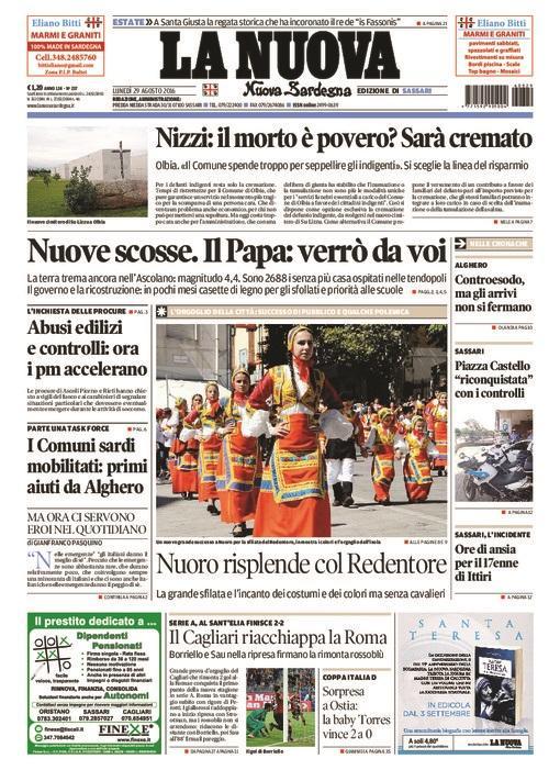 La Nuova Sardegna - Prima pagina - 29 agosto 2016