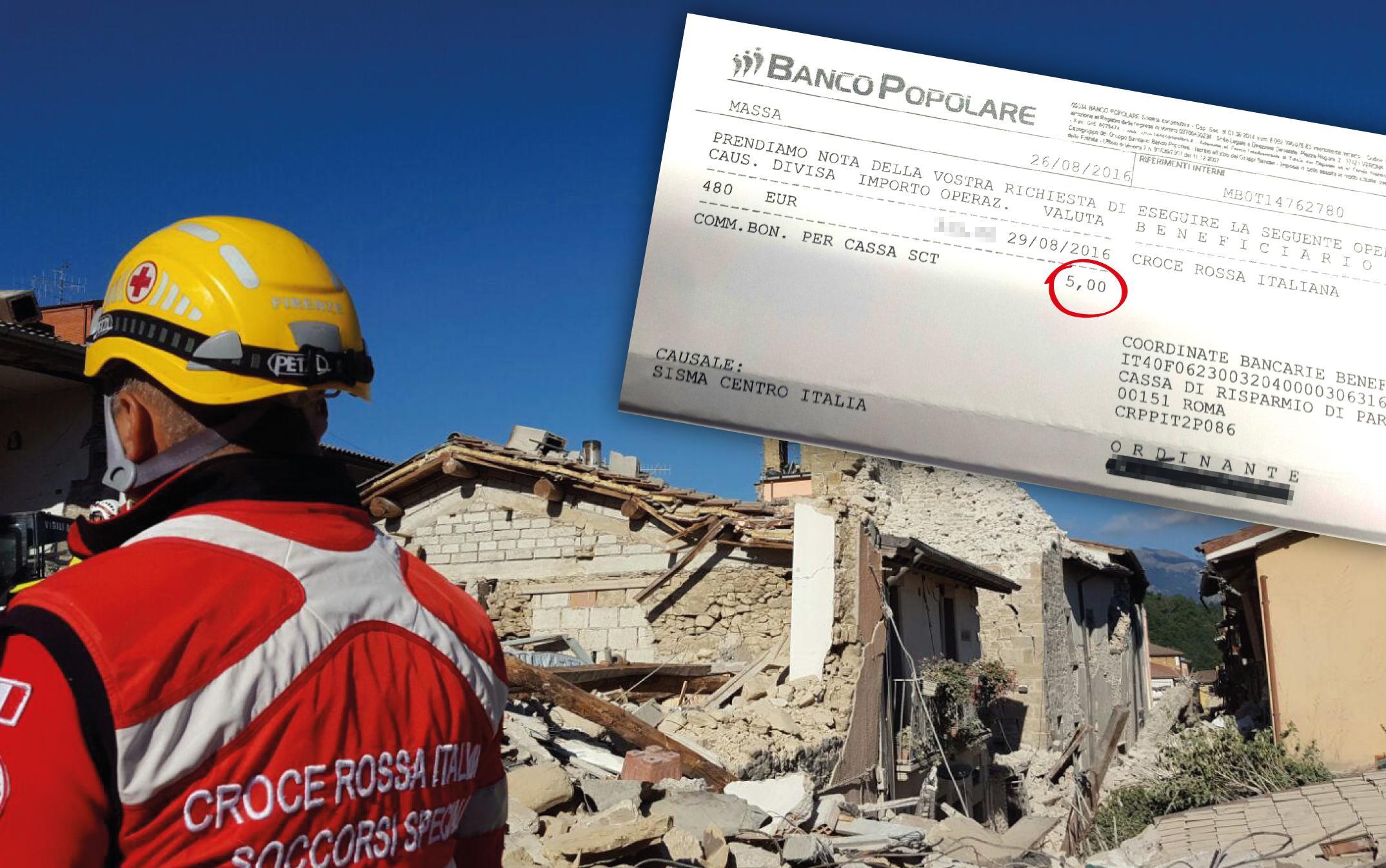 Un volontario della Croce Rossa nei luoghi del sisma e la ricevuta del bonifico