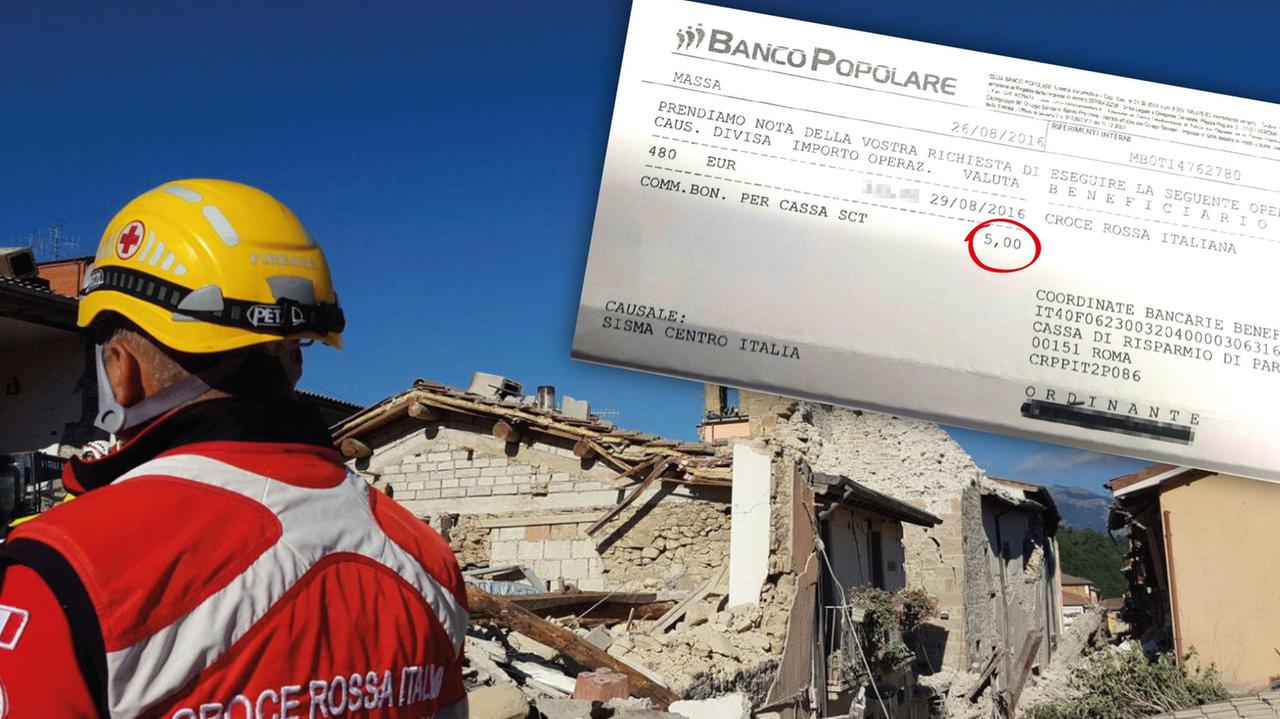 Un volontario della Croce Rossa nei luoghi del sisma e la ricevuta del bonifico