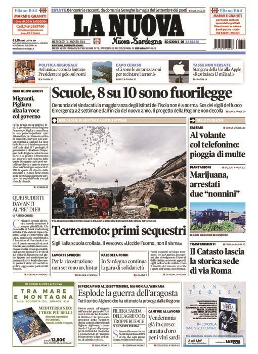 La Nuova Sardegna - Prima pagina - 31 agosto 2016