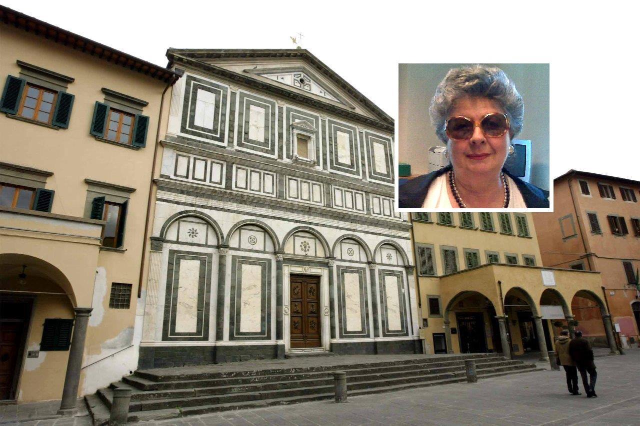 La collegiata di Empoli dove si svolgerà il funelare di Vanna Lavezzo Zinelli (nel riquadro)