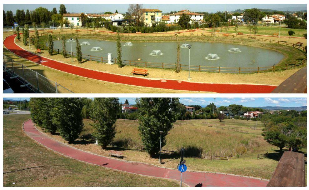 Il parco in una foto scattata nel 2007 e sotto come appare oggi (Agenzia Carlo Sestini)