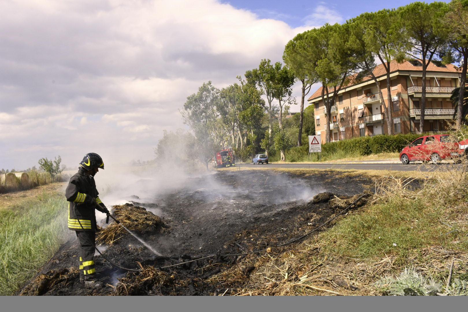Un vigile del fuoco spegne l'incendio alle porte della città (foto Agenzia Bf)
