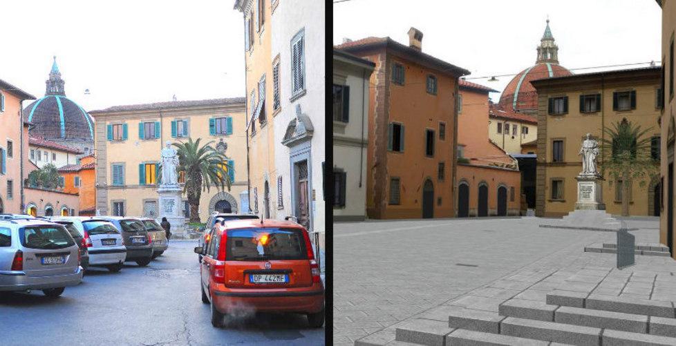 Come è (a sx) e come sarà la piazza dopo l'intervento