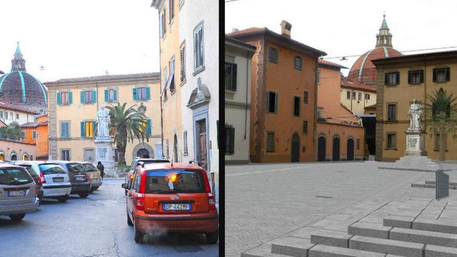 Come è (a sx) e come sarà la piazza dopo l'intervento