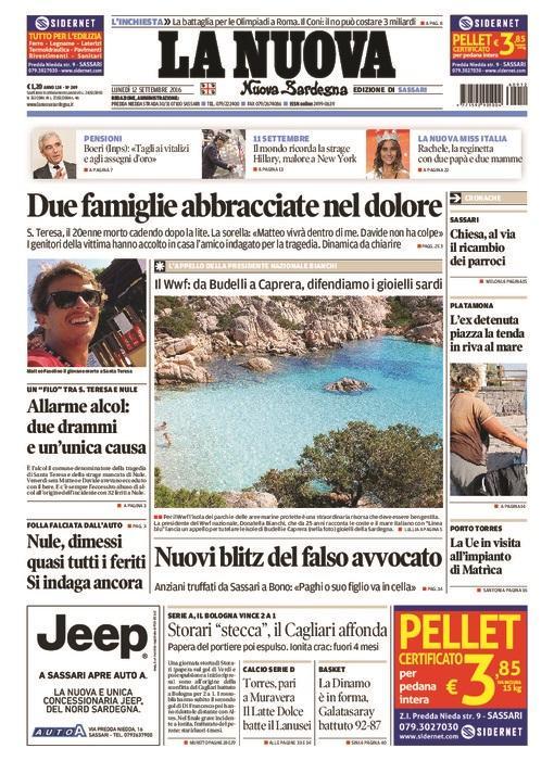 La Nuova Sardegna - Prima pagina - 12 settembre 2016
