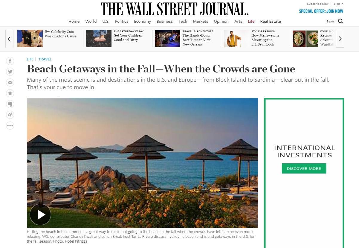 L'articolo del Wall Street Journal con la foto dell'hotel Pitrizza