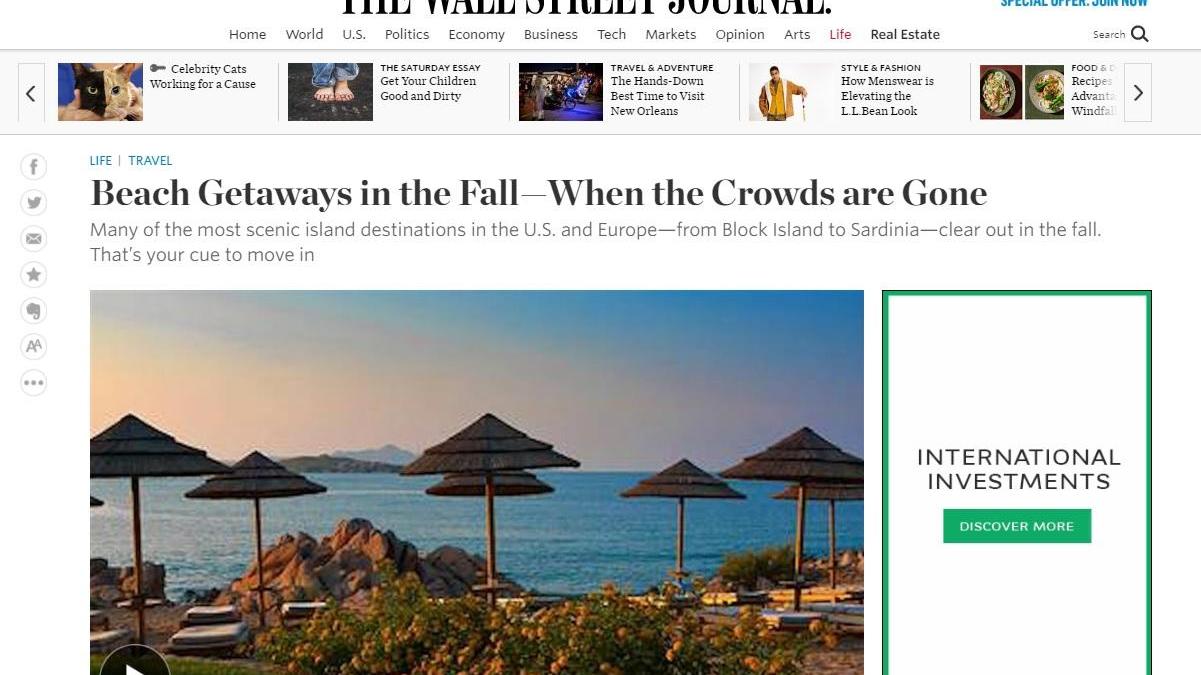 L'articolo del Wall Street Journal con la foto dell'hotel Pitrizza