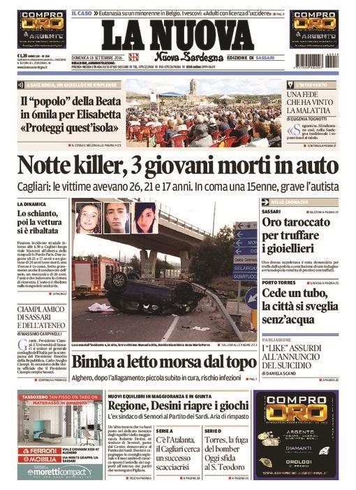 La Nuova Sardegna - Prima pagina - 18 settembre 2016 