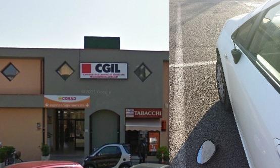 La sede della Cgil (foto Bf) e a destra l'auto danneggiata