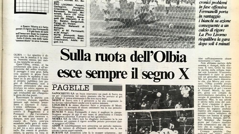 La Nuova Sardegna del 12 febbraio 1990 su Olbia-Livorno