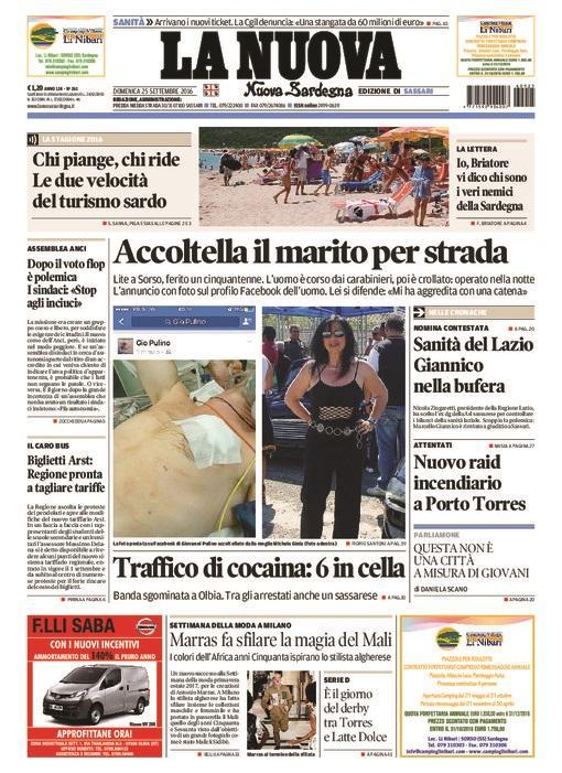 La Nuova Sardegna - Prima pagina - 25 settembre 2016