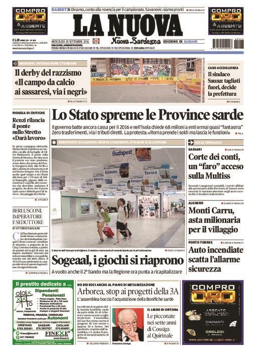 La Nuova Sardegna - Prima pagina - 28 settembre 2016
