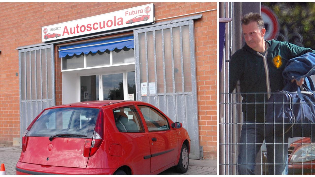 Antonio Logli e l'ingresso dell'autoscuola di cui è titolare col padre