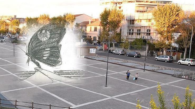 La simulazione ipotetica della statua in piazza Caduti di Nassiriya. Ancora non si conoscono dettagli sulla reale collocazione nella piazza.