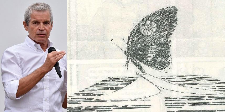 A sinistra il presidente di Fondazione Grosseto cultura Giuseppe Chigiotti (foto Bf), a destra il bozzetto dell'opera commisionata a Emilio Isgrò (foto da Il Corriere della Sera)