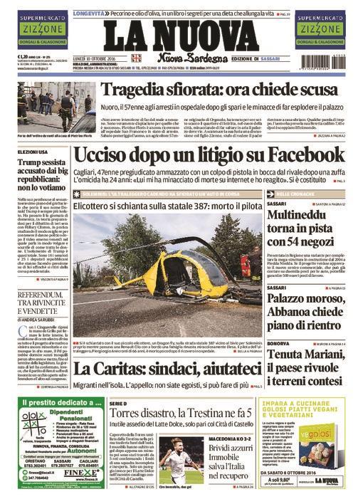 La Nuova Sardegna - Prima pagina - 10 ottobre 2016