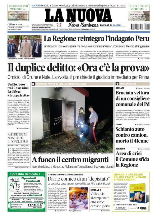 La Nuova Sardegna - Prima pagina - 12 ottobre 2016