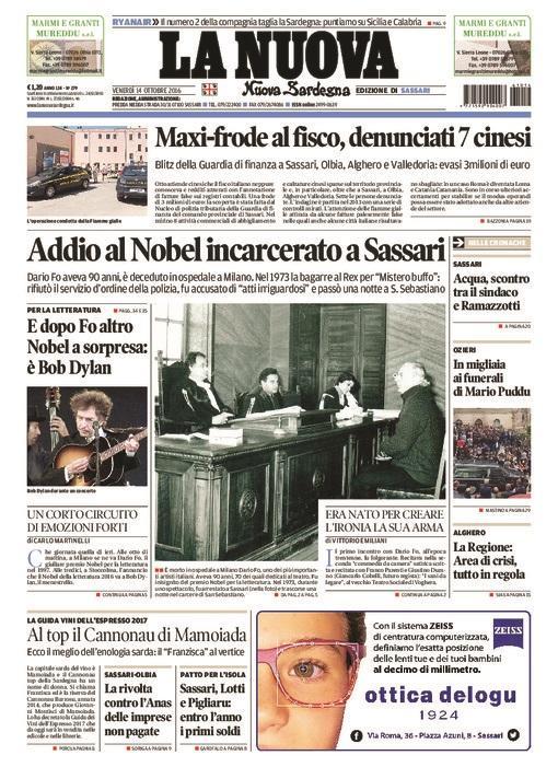 La Nuova Sardegna - Prima pagina - 14 ottobre 2016