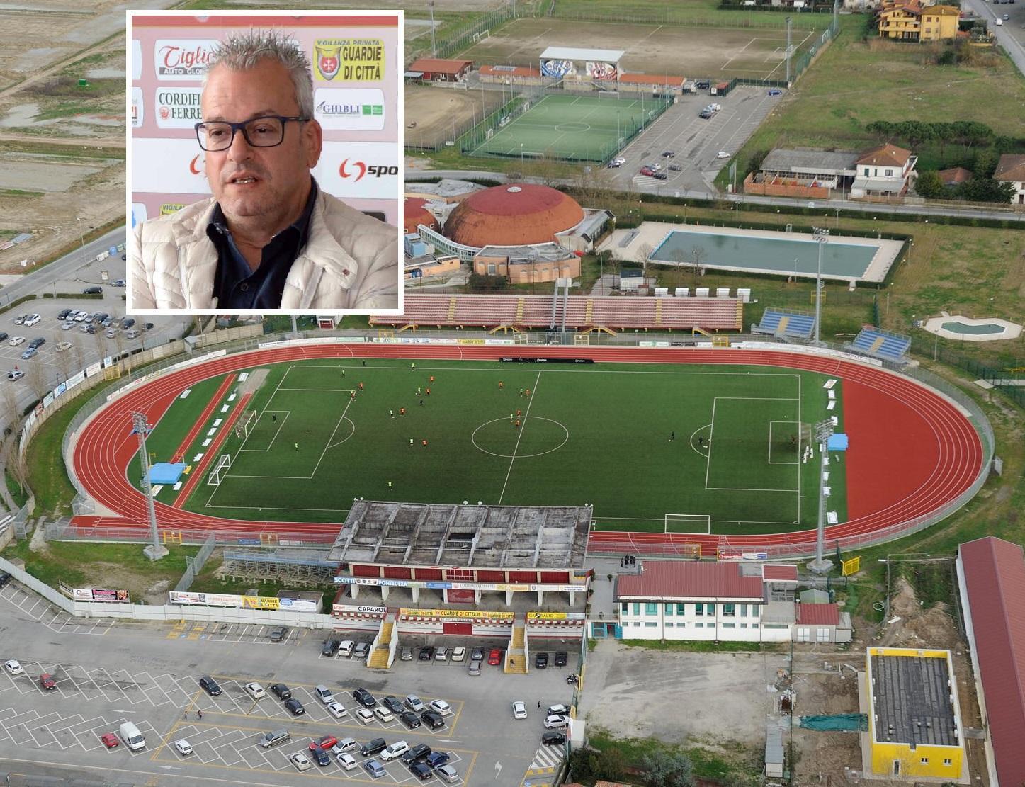 Lo stadio Mannucci di Pontedera e, nel riquadro, il presidente granata Paolo Boschi (Foto Franco Silvi)