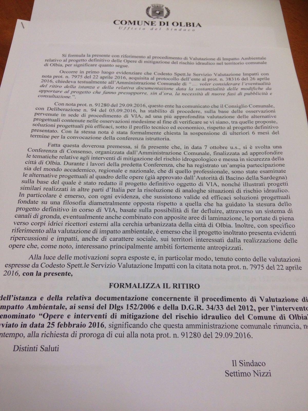 Il documento distribuito da Nizzi e inviato alla Regione