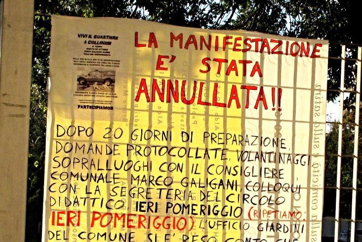 Il manifesto di protesta contro l'annullamento della festa cinofila a Colline (Marzi Pentafoto)