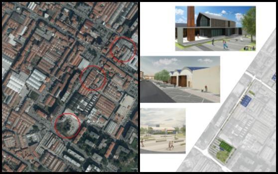 Luoghi (cerchiati di rosso) e rendering della trasformazione del Macrolotto zero