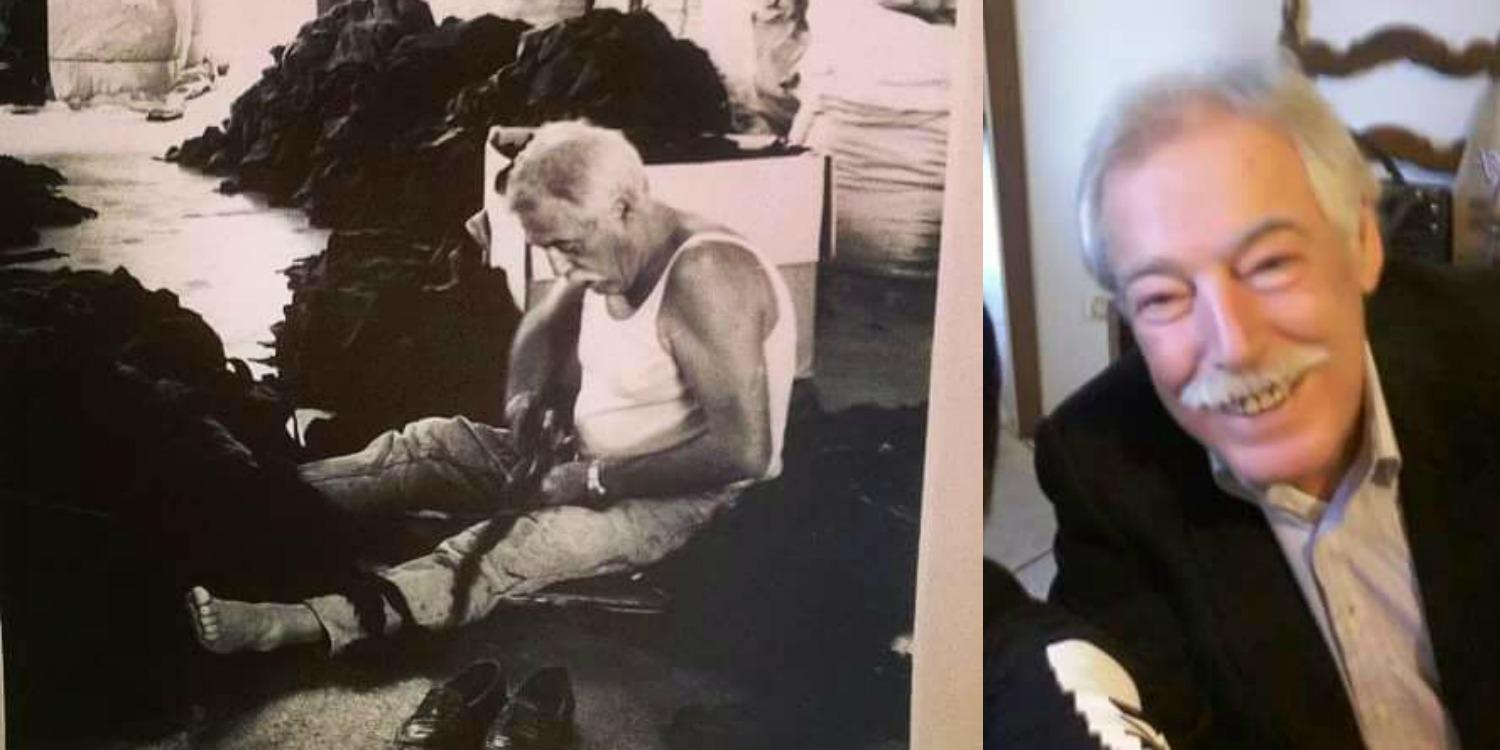 Giuseppe Gori al lavoro nel suo magazzino di cenci e in una foto ritratto di qualche mese fa