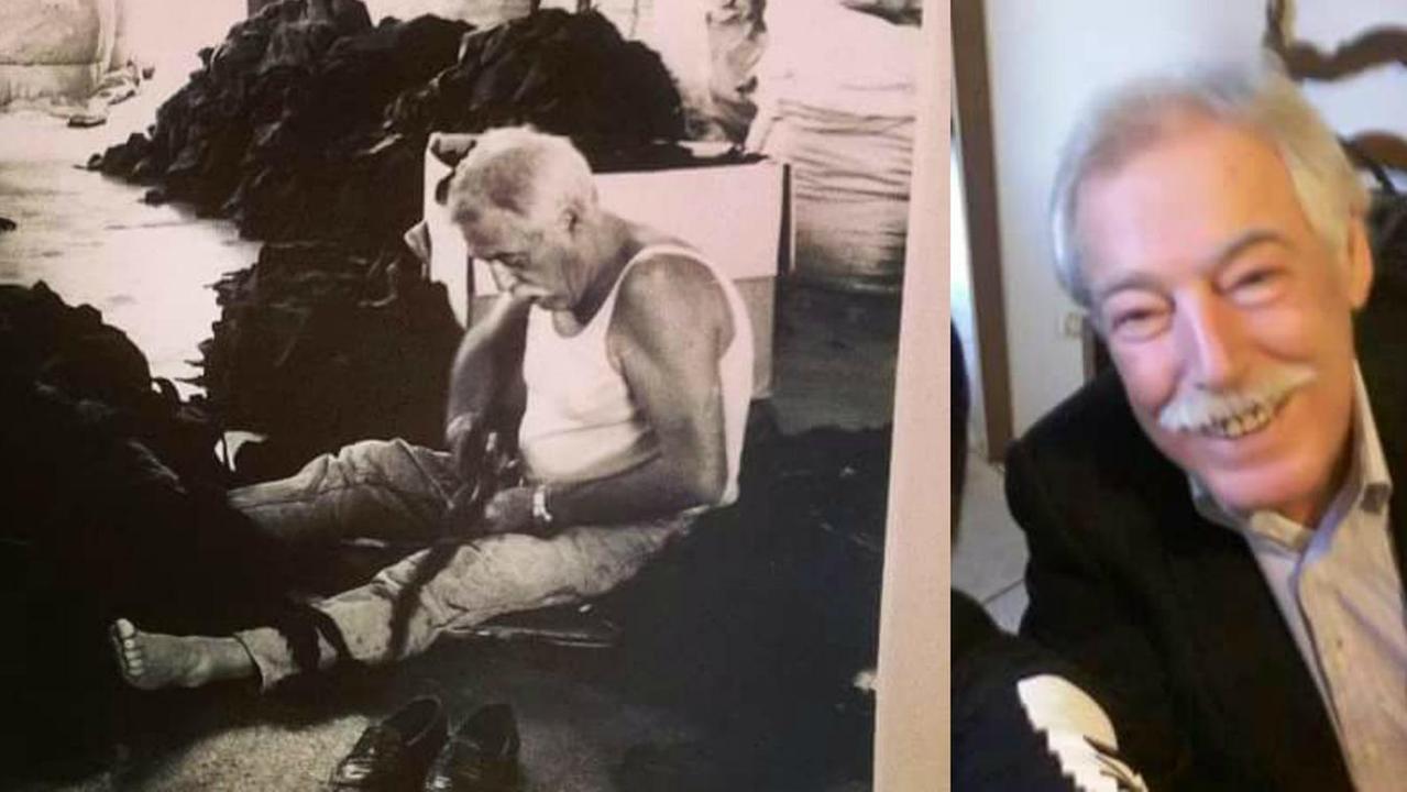 Giuseppe Gori al lavoro nel suo magazzino di cenci e in una foto ritratto di qualche mese fa