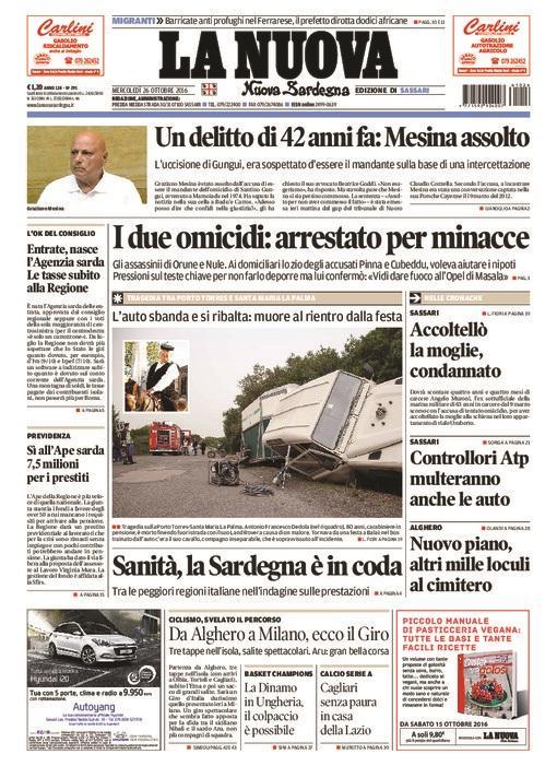 La Nuova Sardegna - Prima pagina - 26 ottobre 2016