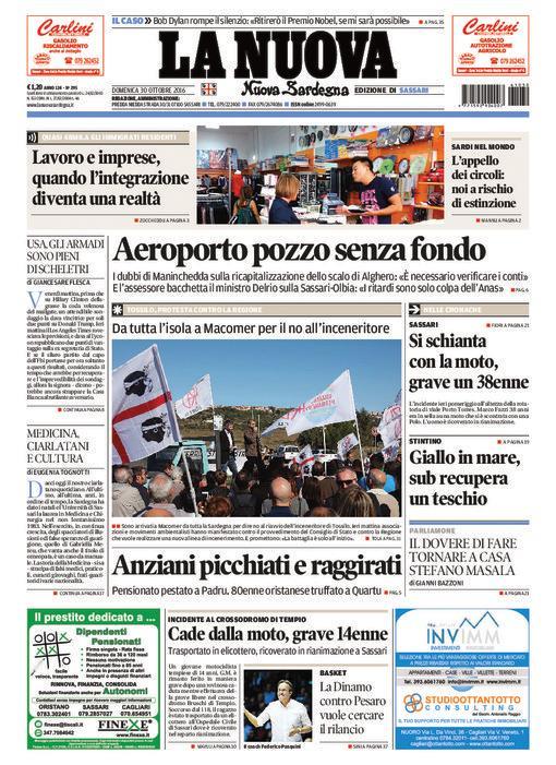 La Nuova Sardegna - Prima pagina - 30 ottobre 2016