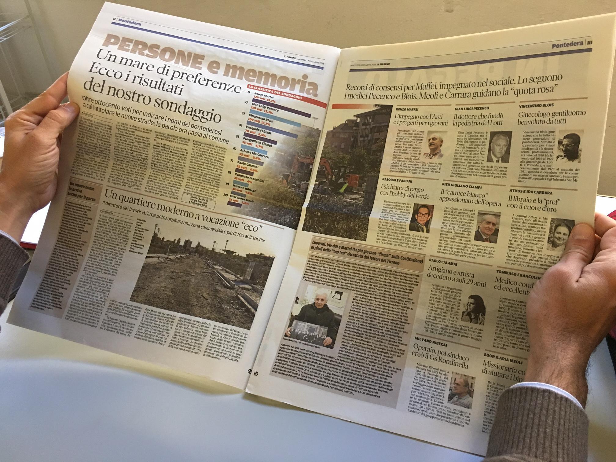 Le pagine del Tirreno sul sondaggio per intitolare le vie al Green Park ai pontederesi (Foto F. Silvi)