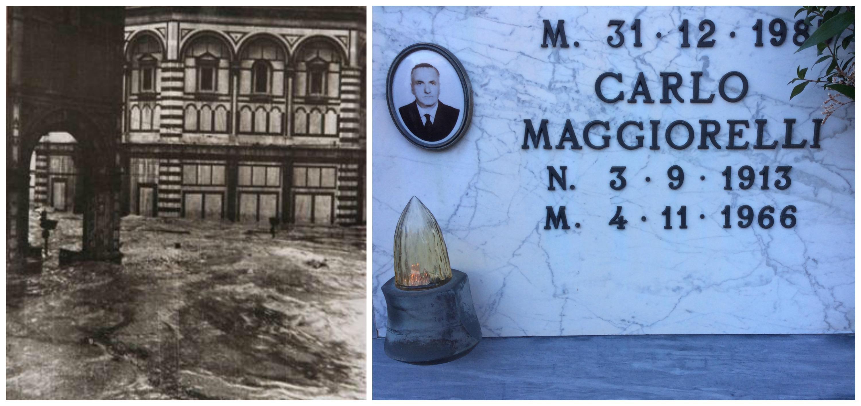 Le acque dell'Arno in piazza Duomo a Firenze e la lapide della tomba di Carlo Maggiorelli