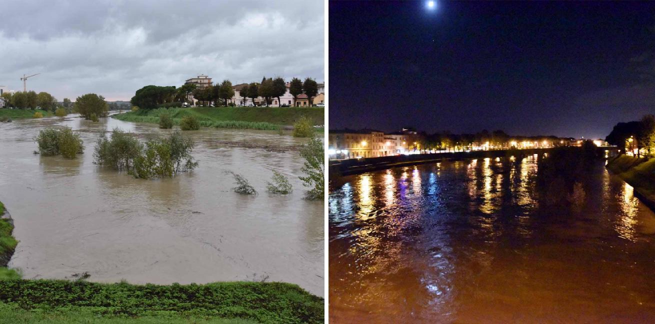 L'Arno a Empoli nel pomeriggio e poi con il passaggio della piena (Foto Agenzia Carlo Sestini)