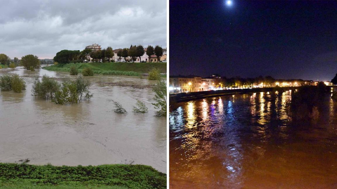 L'Arno a Empoli nel pomeriggio e poi con il passaggio della piena (Foto Agenzia Carlo Sestini)