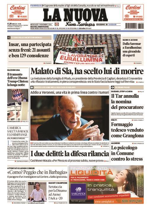 La Nuova Sardegna - Prima pagina - 9 novembre 2016