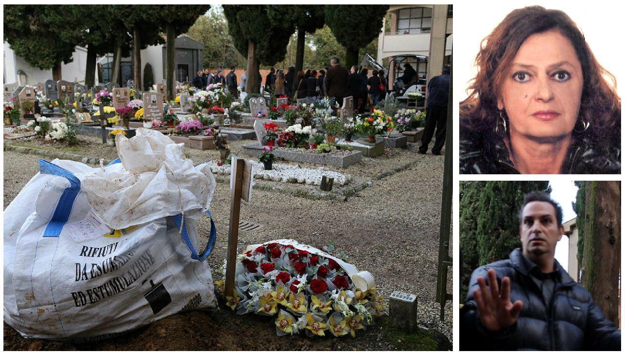 I fiori del marito gettati tra i rifiuti al funerale e a destra Marinella Bertozzi e Giacomo Benvenuti (Foto Agenzia Carlo Sestini)