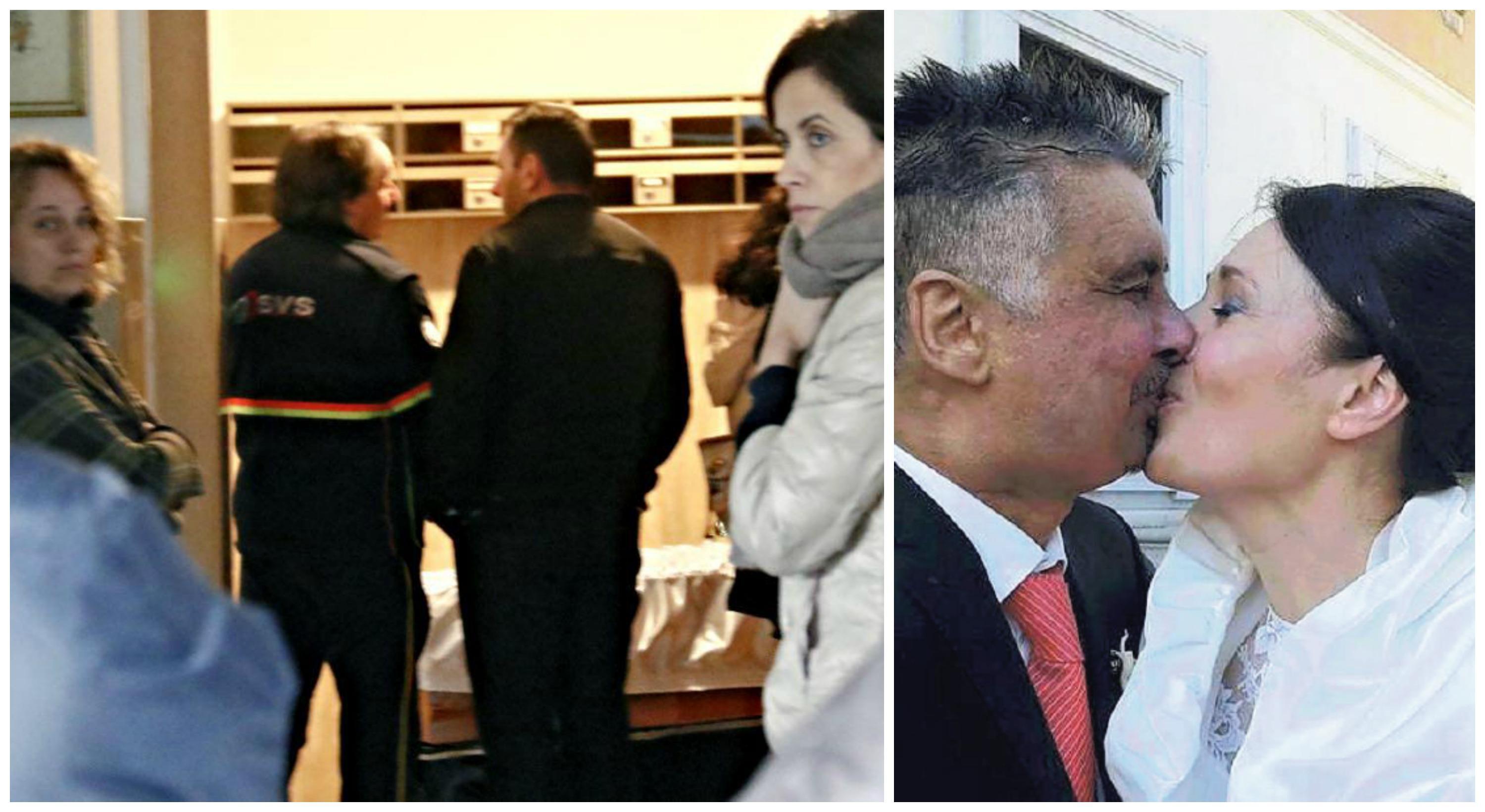 Stefano Patronici e Scilla Saettini il giorno del sì. A sinistra, i funerali con i volontari di Svs