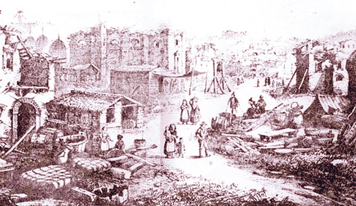 Il paese di Orciano Pisano devastato dal terremoto del 1846 in un'incisione dell'epoca
