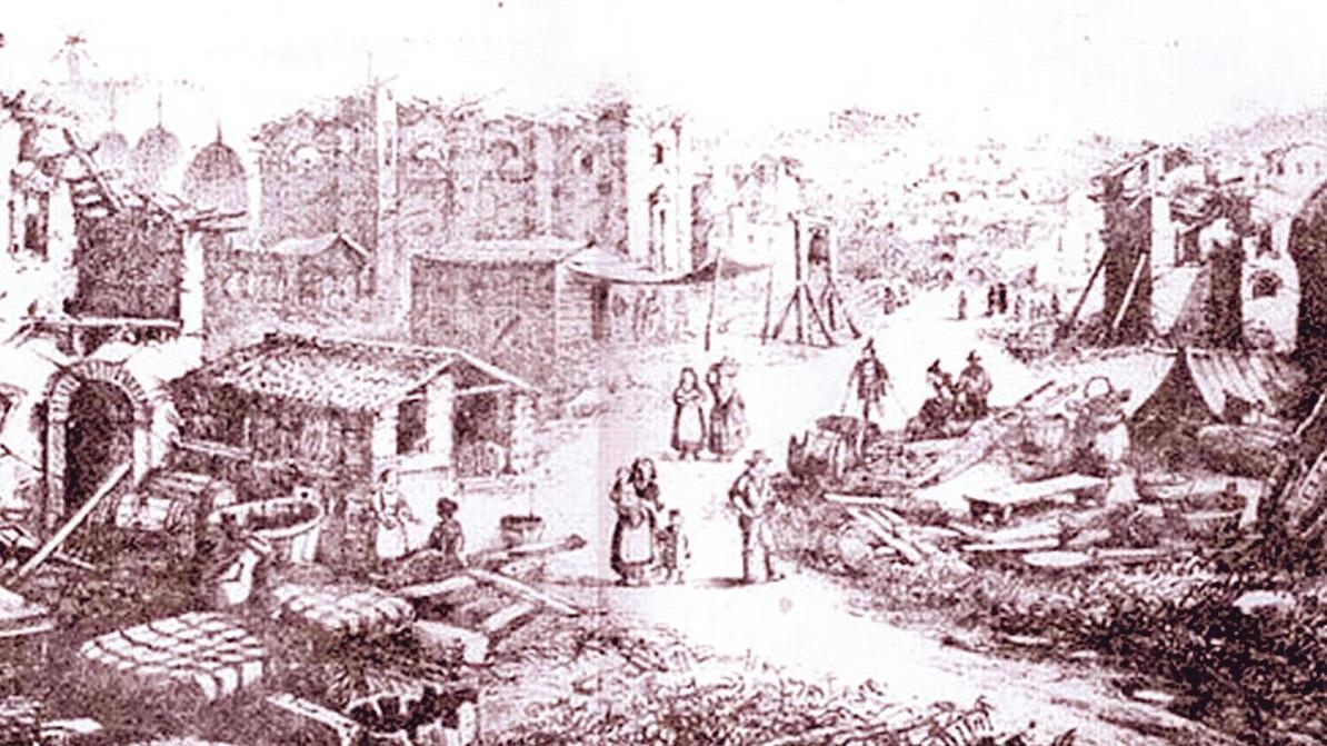 Il paese di Orciano Pisano devastato dal terremoto del 1846 in un'incisione dell'epoca
