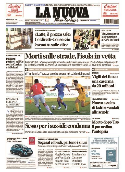 La Nuova Sardegna - Prima pagina - 22 novembre 2016