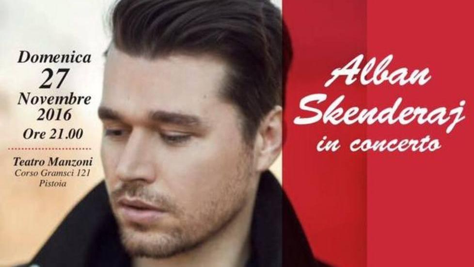Alban Skenderaj sul manifesto che pubblicizza il concerto al Manzoni di Pistoia