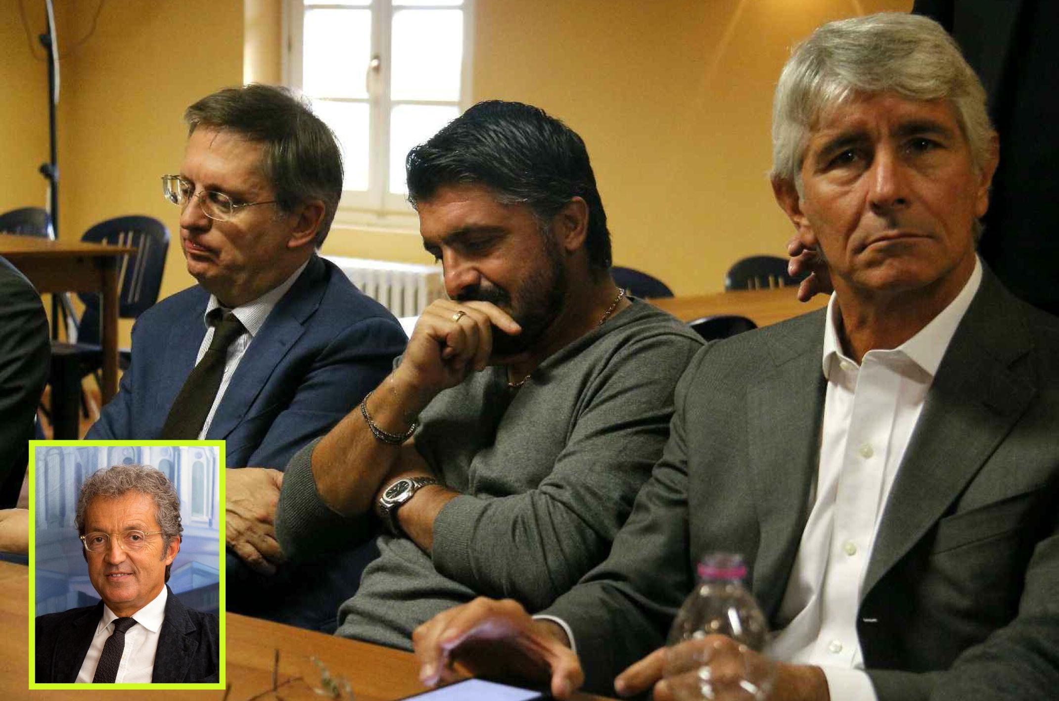 Nella foto da sinistra il sindaco di Pisa Marco Filippeschi, il tecnico nerazzurro Gennaro Gattuso e il presidente Andrea Abodi. Nel riquadro Giuseppe Corrado