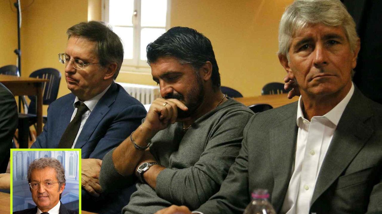 Nella foto da sinistra il sindaco di Pisa Marco Filippeschi, il tecnico nerazzurro Gennaro Gattuso e il presidente Andrea Abodi. Nel riquadro Giuseppe Corrado