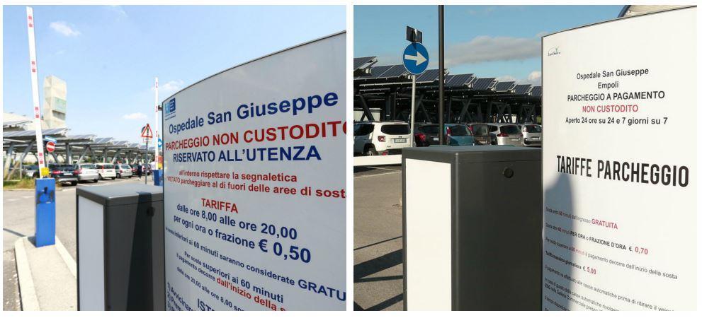A sinistra le vecchie tariffe del parcheggio e a destra quelle introdotte da Empoli Salute