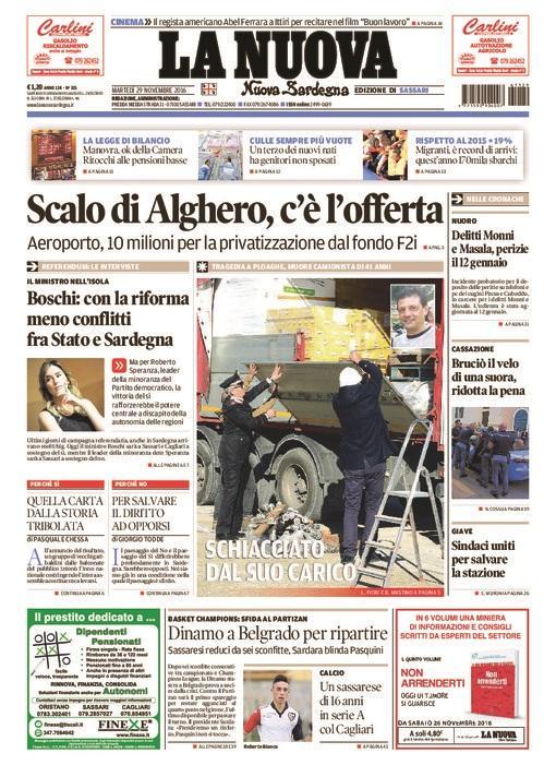 La Nuova Sardegna - Prima pagina - 29 novembre 2016
