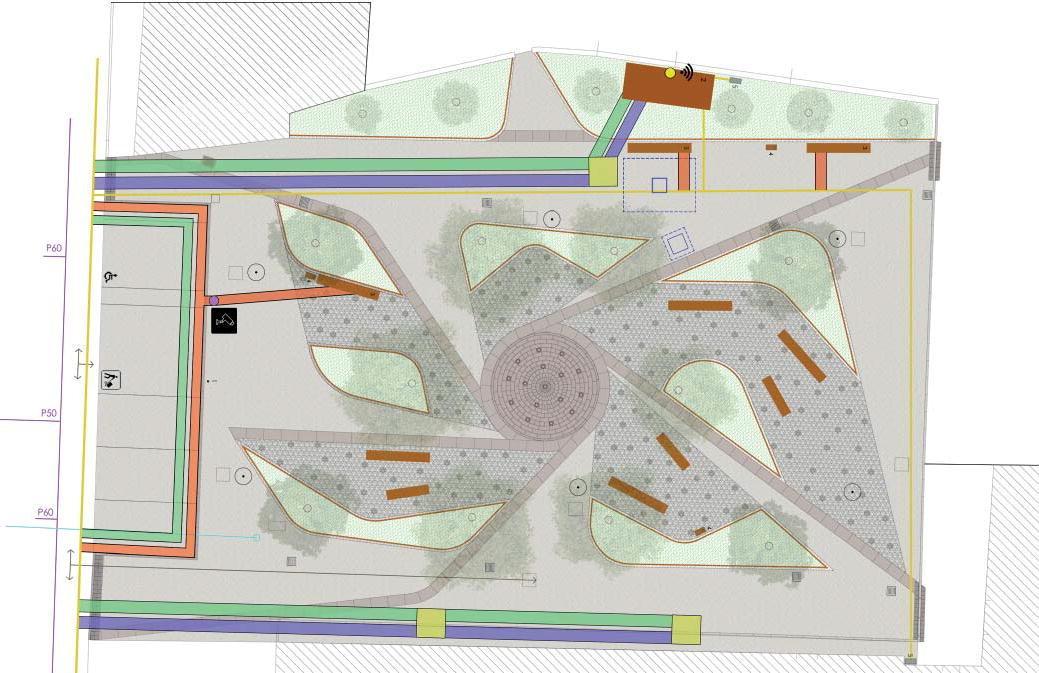Colori e forme che definiscono aiuole, perco0rsi pedonali, aree verdi e sedute
