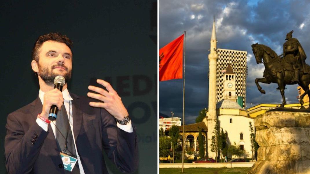 Il sindaco Matteo Biffoni, a destra una veduta di Tirana